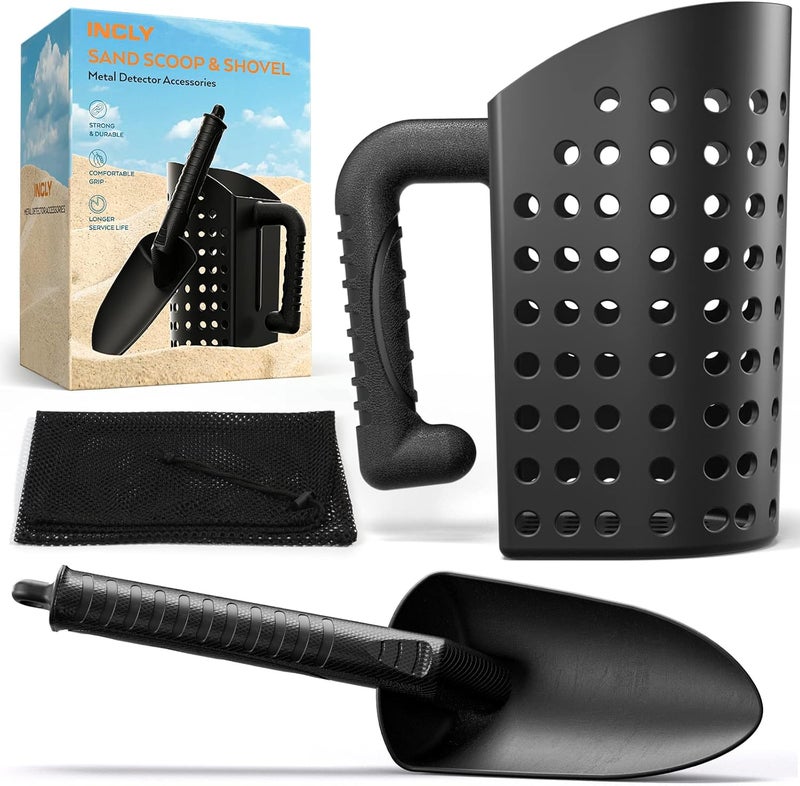 INCLY Sand Scoop & Shovel, Detecting Accessories for Kid & Adult Metal Detector, Sand Sifter Treasure Hunting & Digging Tool at The Beach & More, Black - Come with Mesh Bag - Image 1